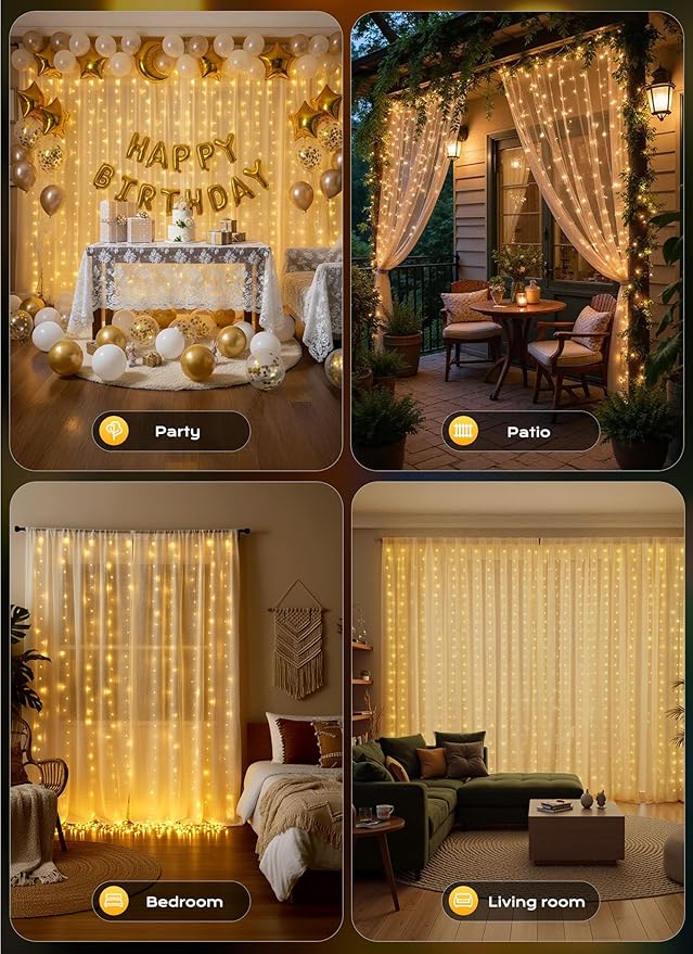 Brightown 600 LED Curtain String Lights, 20 FT Hanging Fairy Lights with Remote, 8 Modes, Waterproof Window Lights for Bedroom Backdrop Wedding Outdoor Christmas Party, Warm White