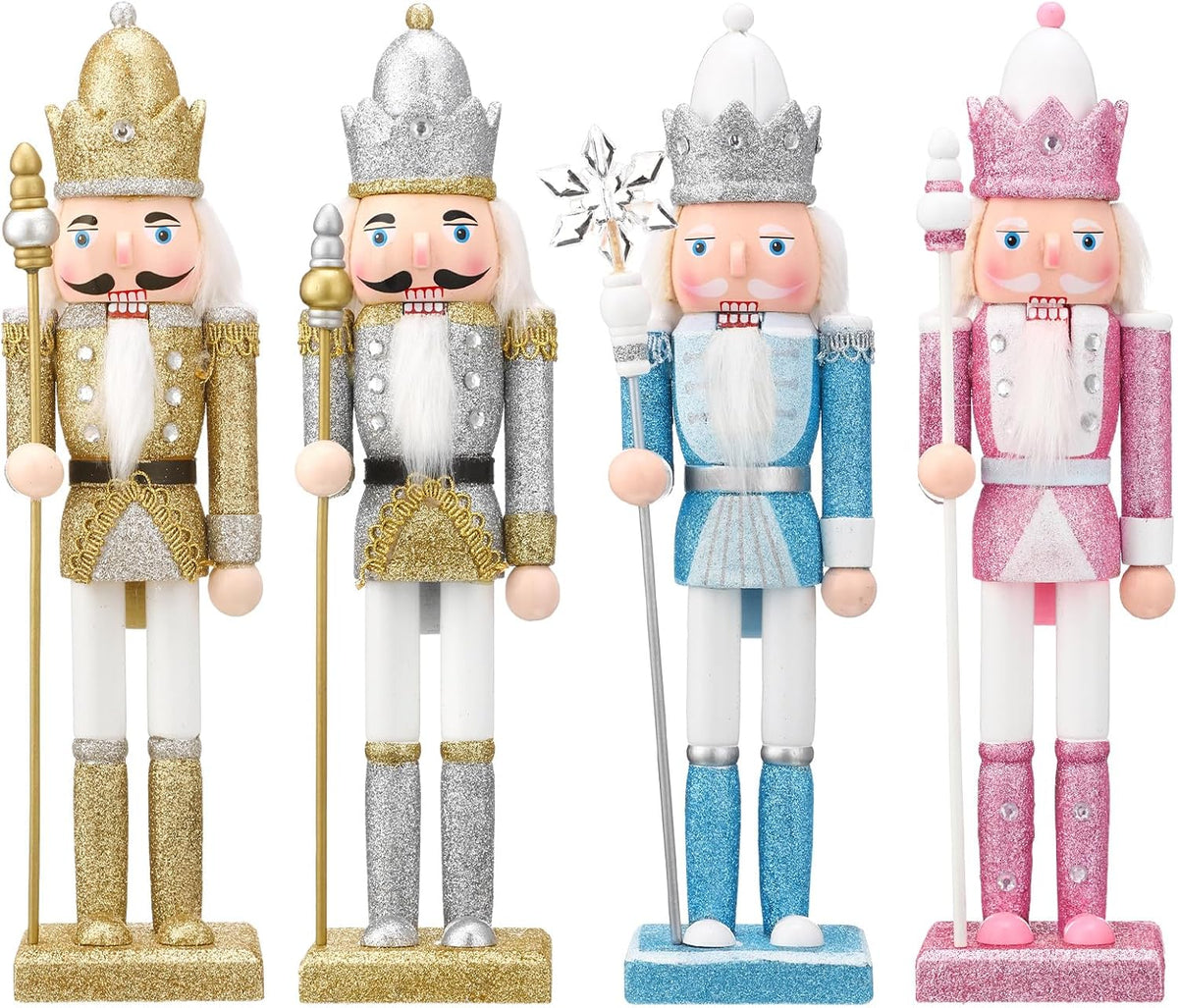 Suzile 4 Pcs 12 Inch Nutcracker Christmas Decorations Pink Blue Christmas Decor Pastel Nutcracker Sliver Gold Wooden Figures Glitter Collectible Docor for Xmas Gifts Table Party
