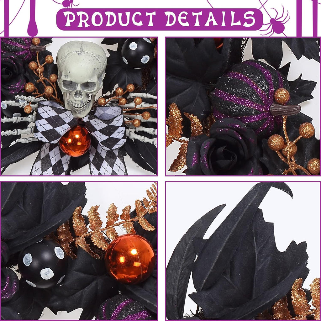 halloween wreath for front door halloween skeleton decorations, close-up detail