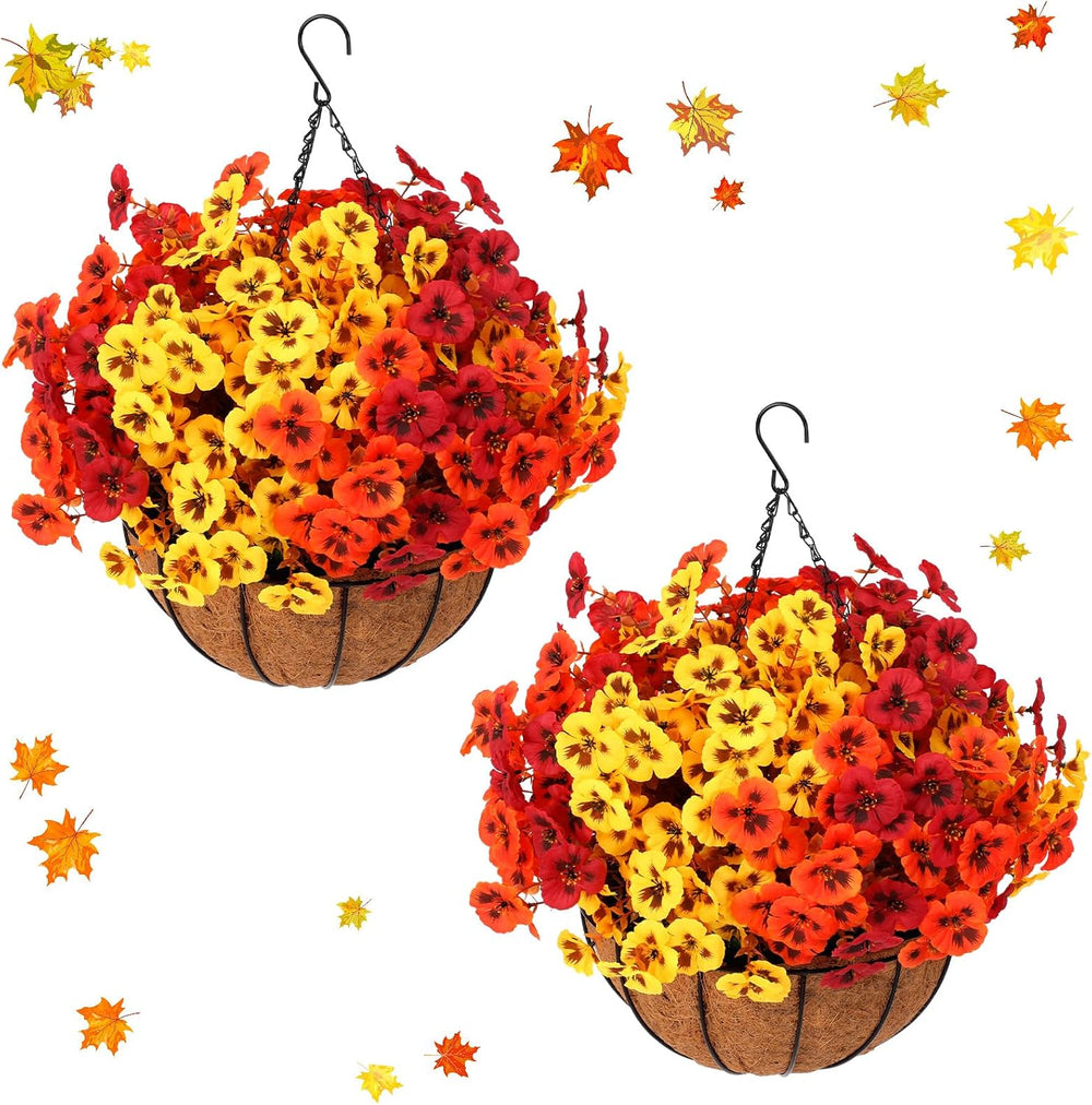 2 Set Fall Artificial Flower with Hanging Baskets for Autumn Outdoor Decor