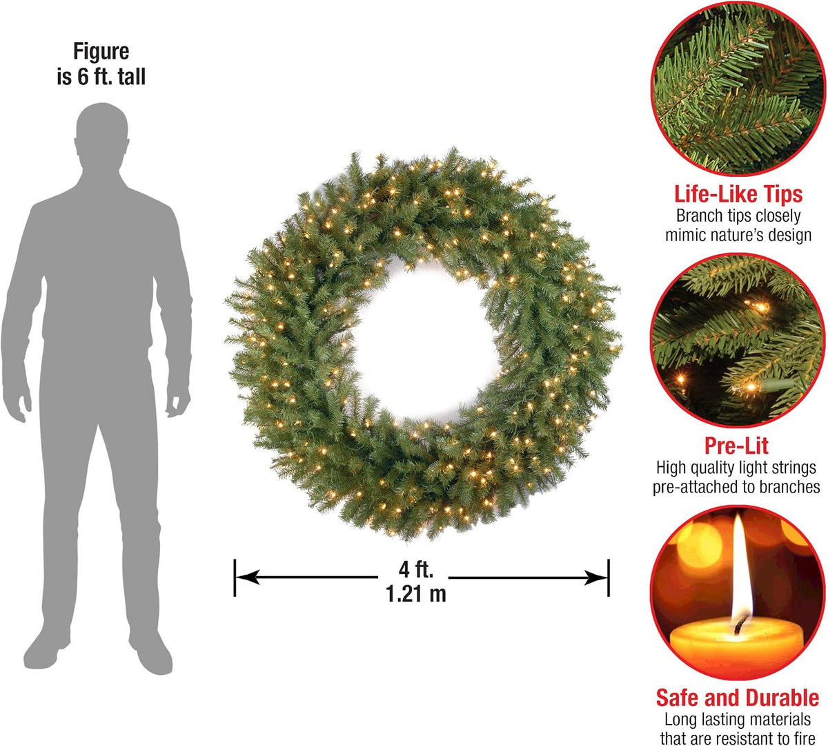 national tree company 48" norwood fir wreath with, close-up detail