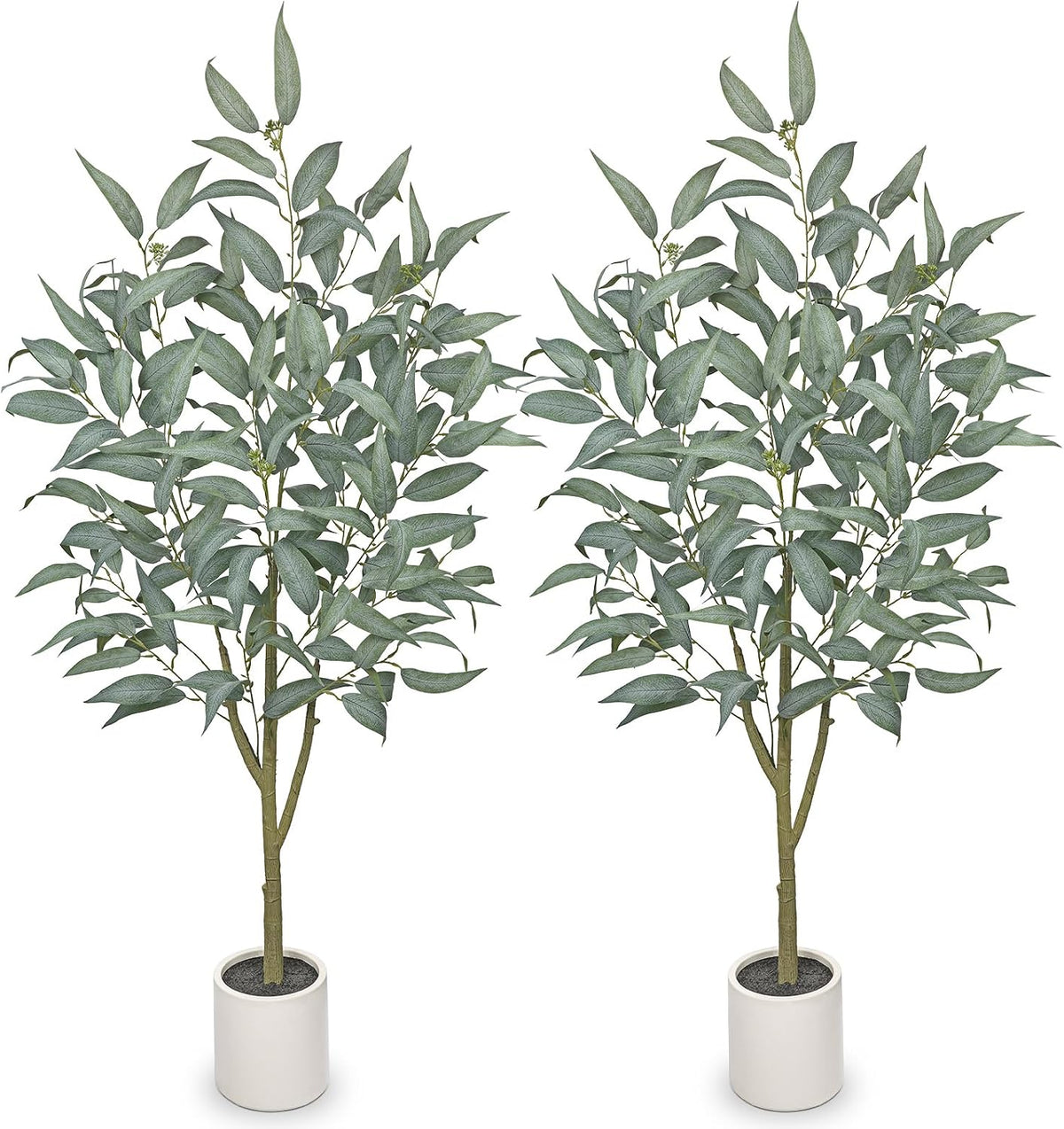 2 Packs Eucalyptus Trees Artificial Indoor - 4FT Tall Faux Eucalyptus Plants in White Planter, Fake Plant Décor for Farmhouse Bedroom Office Room Hallway Decoration