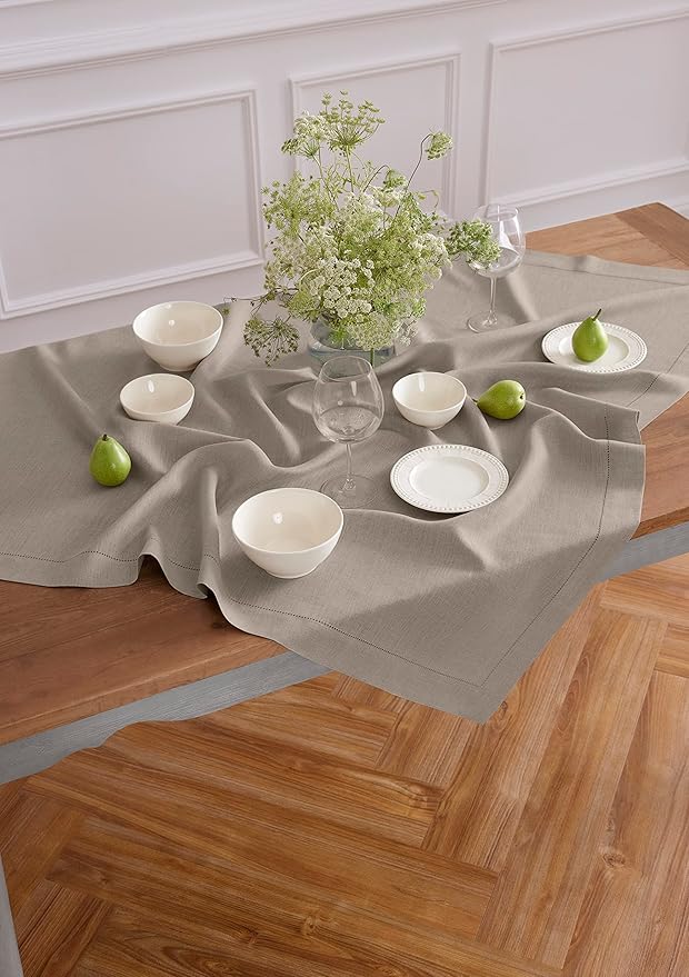 Solino Home Natural Linen Tablecloth 52 x 52 Inch - 100% Pure Linen Square Table Throw - Classic Hemstitch, Machine Washable Table Cloth for Fall, Autumn, Thanksgiving, Christmas, Holiday
