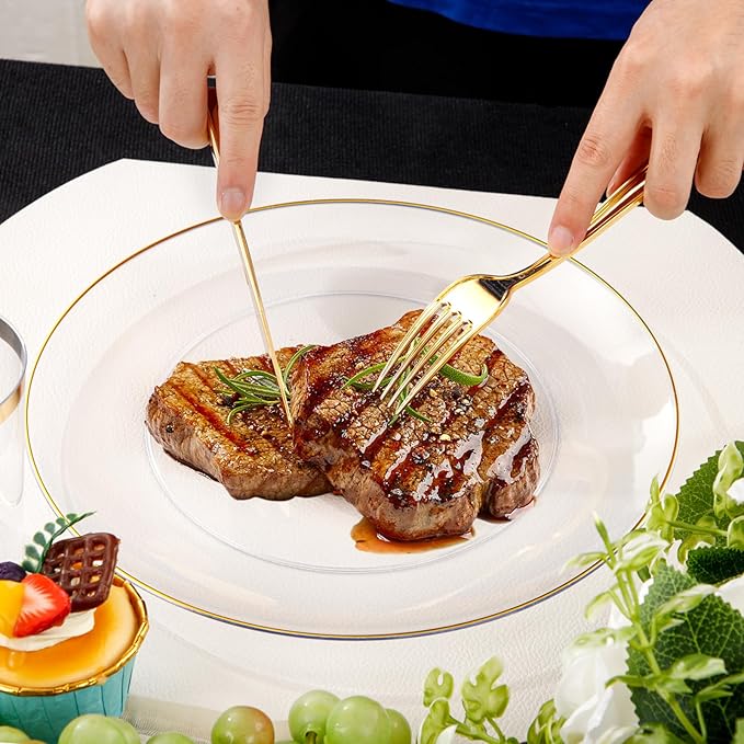 Supernal 350PCS Clear and Gold Plastic Dinnerware Set Include Clear Disposable Plates, Gold Plastic Silverware Heavy Duty, Cups and Napkins for Birthday, Weddings, Parties