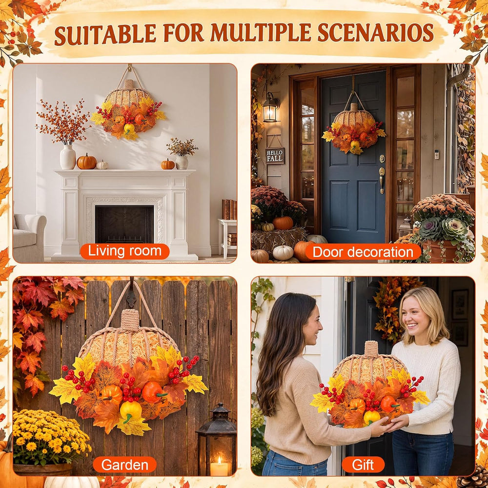 13 Inch Fall Pumpkin Wreath for Front Door, Artificial Pumpkin Maple Leaves