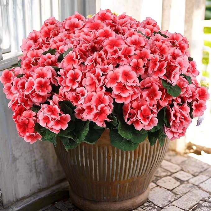 Hananona Artificial Geranium Flowers for Outdoors Geranium Silk Flowers Outdoor UV Resistant Garden Plants Faux Flowers for Home Kitchen Table Centerpieces Decor (12, Peach) (12 Pcs)