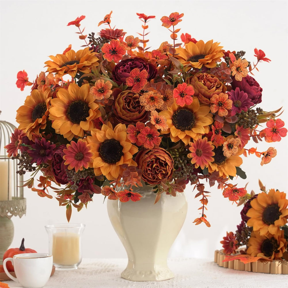 Mixed 10 Pcs Fall Artificial Sunflower Peony Bouquet, Yellow Burgundy Silk Fa...