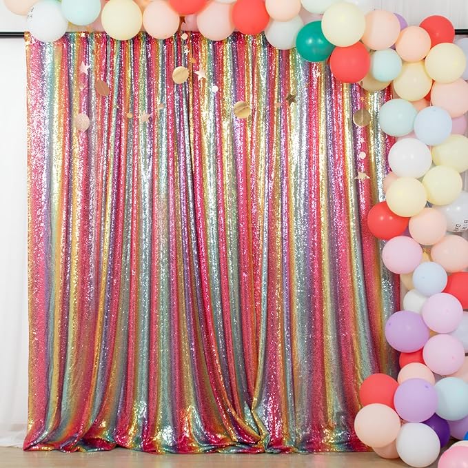 ShinyBeauty Sequin Backdrop Rainbow 10FTx10FT Fabric Curtain Shimmer Wall Backdrops for Photography Event Birthday Party Decor Backgrounds