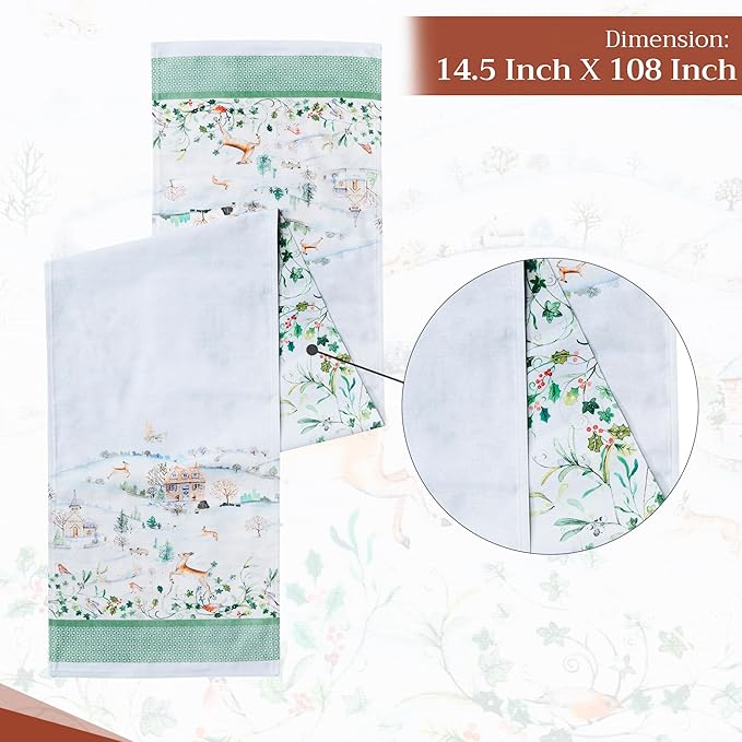 Maison d' Hermine Table Runner 100% Cotton Double Layer Table Runners 108 inches Long for Thanksgiving Christmas Decorations Home Kitchen Dining Party Wedding (Snowy World, 14.5" x 108")