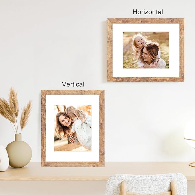 11x14 Picture Frame Set of 4 with Tempered Glass, Rustic Brown Frame Display 8x10 Pictures with Mat or 11 x 14 Without Mat, Wooden Photo Frames for Wall Mounting
