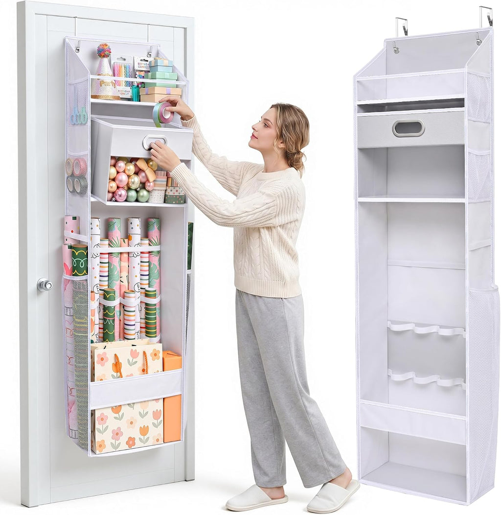 ordovibe wrapping paper storage organizer, over the door shown in use