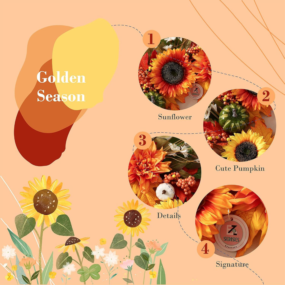 24'' sunflower fall wreaths for front door, fall shown in use