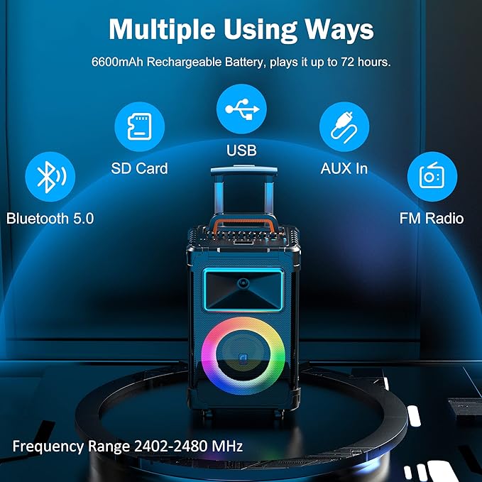 JYX Karaoke Machine with 2 Wireless Mics, 10" Woofer 500W Peak Power Big Portable Bluetooth Speaker with Bass/Treble Adjustment, PA System with Remote Control, LED Lights, Rolling Wheels and Trolley