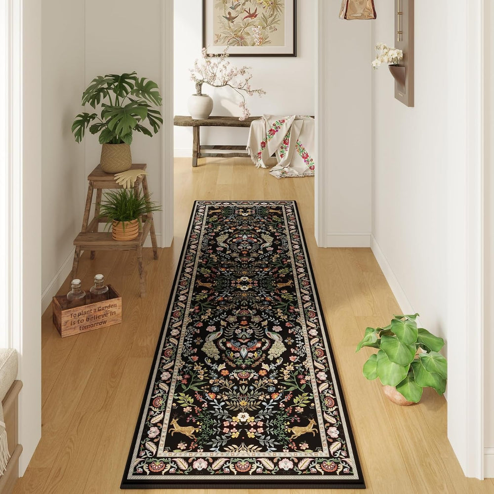 Rugcomf Runner Rug 2x6 Floral Washable Non Slip, Vibrant Black