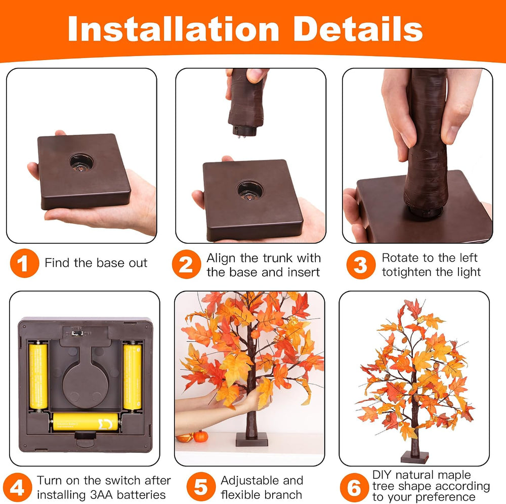 2 Pack 24 Inch Maple Tree Fall Thanksgiving Table Decorations with 48LED Batt...