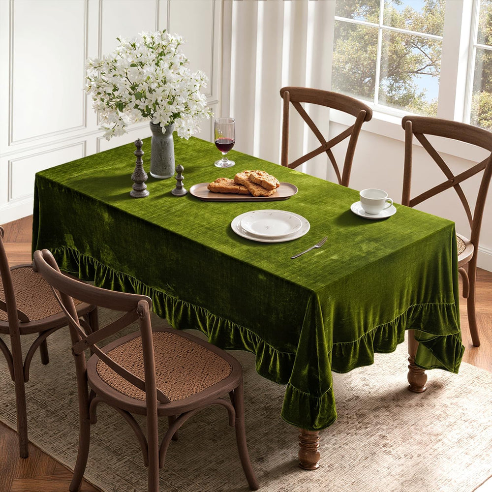 MIULEE Rectangle Velvet Ruffle Tablecloth 60x102 Inch Christmas Olive Green
