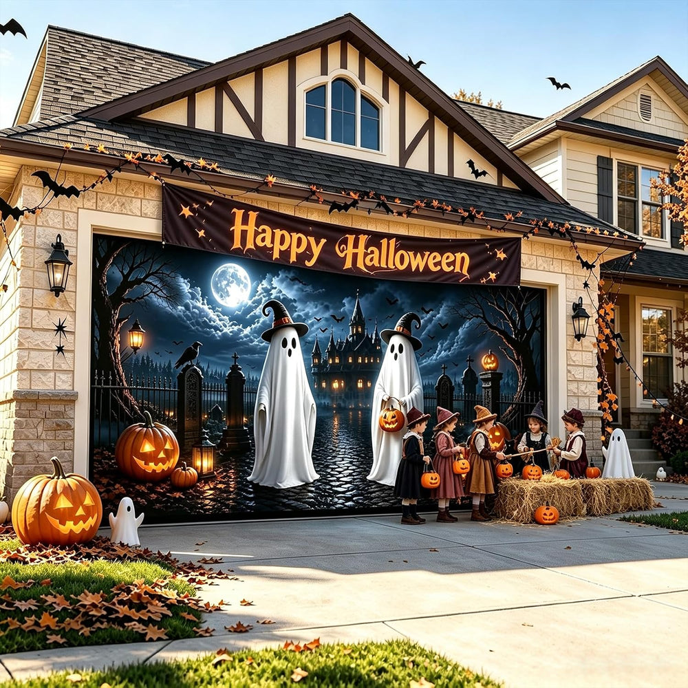 Halloween Garage Door Cover 16x7 FT, Ghost Halloween Garage Door Decoration