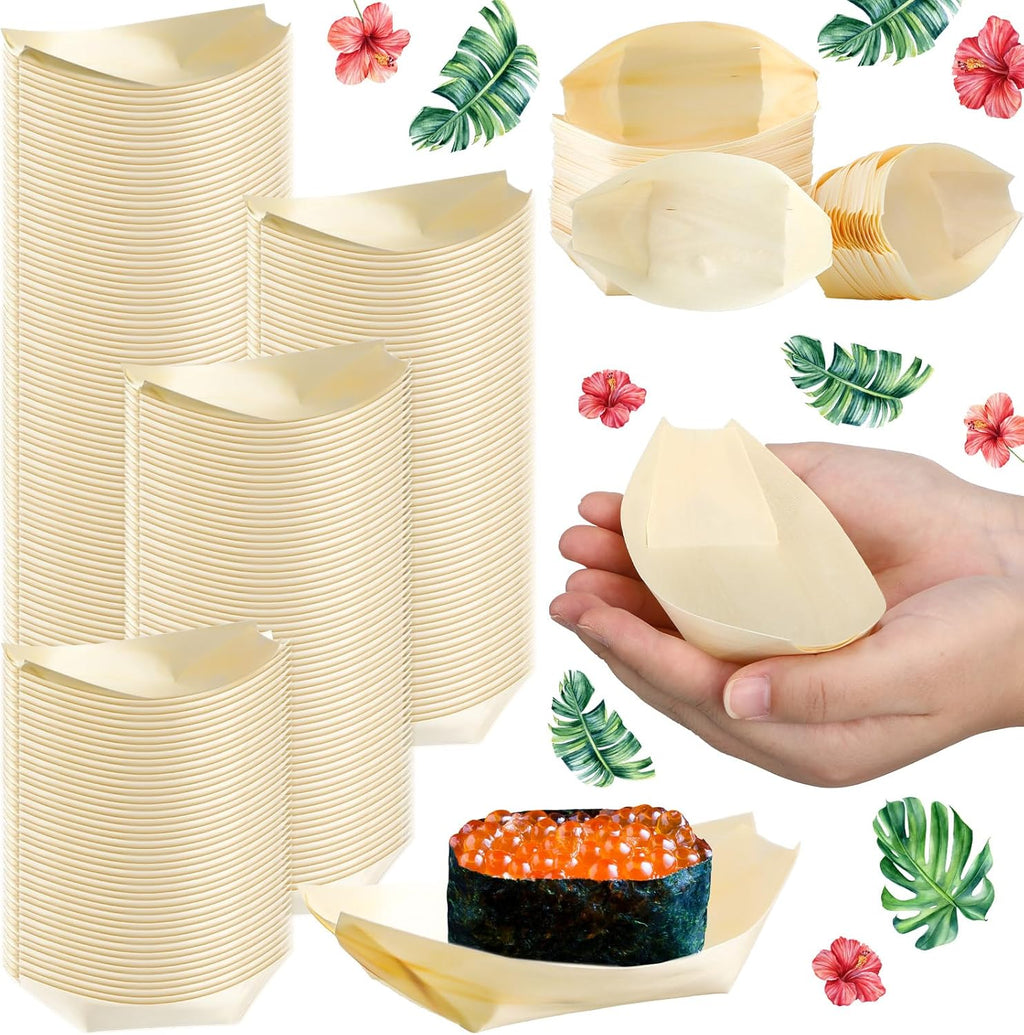 Newtay 500 Pcs Bamboo Boat Plates for Appetizer, Wood Sushi Serving Tray