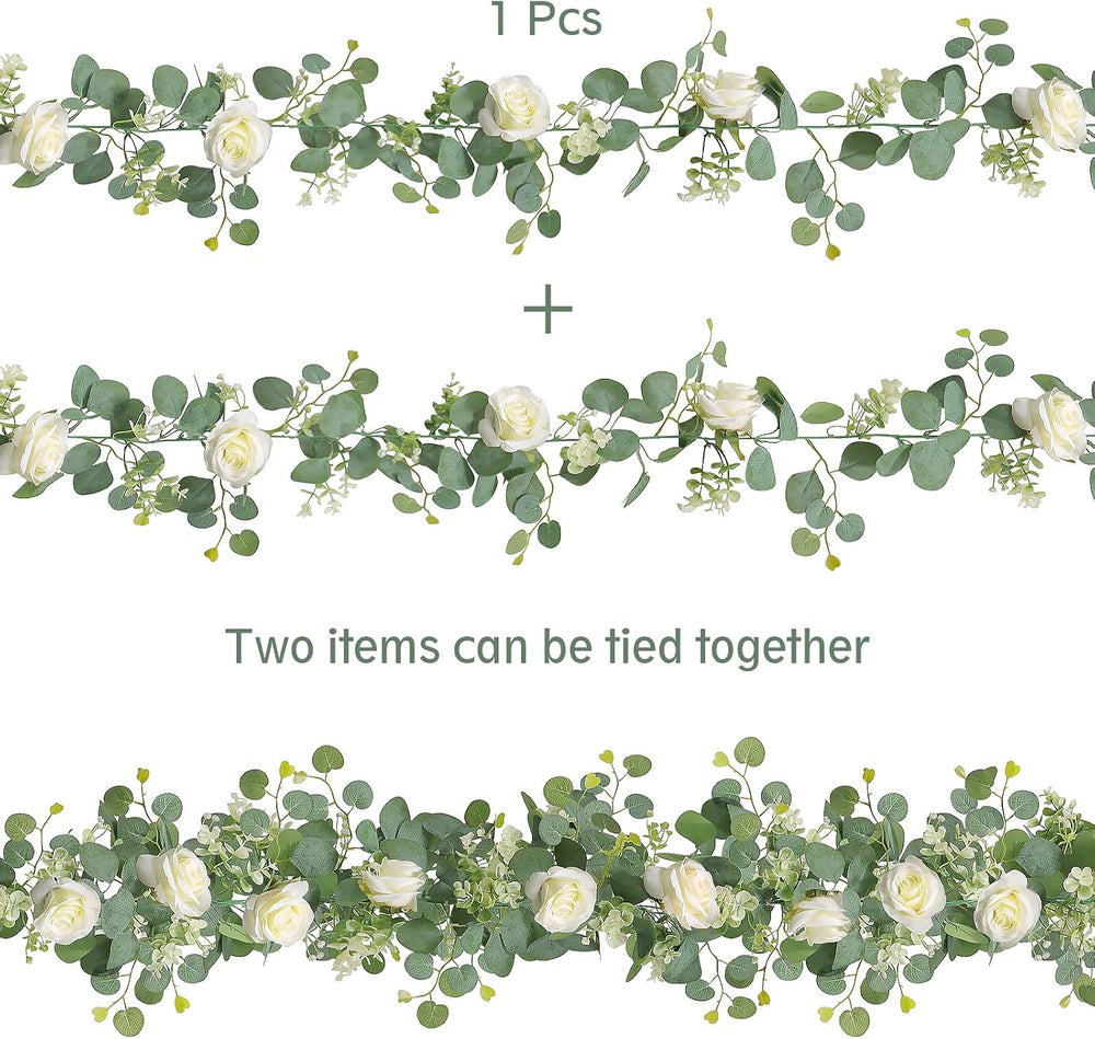 TOCHGREEN 4PCS Artificial Eucalyptus Flower Garland with White Rose Flowers