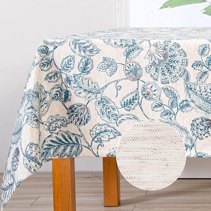 MYSKY HOME Waterproof Tablecloth Rectangle 60x84 Inch Rustic Burlap Tablecloth Spring Floral Linen Table Cover Farmhouse Decoration Rectangle/Oblong for Holiday, Dinner, Indoor and Outdoor Use, Blue