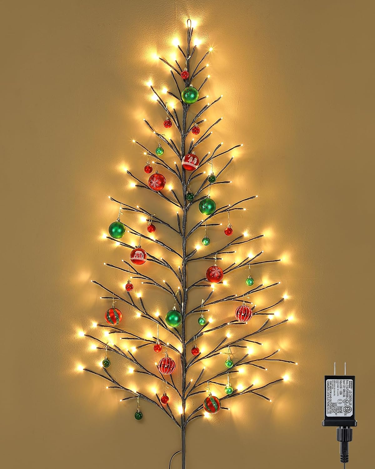 5 FT 144 LED Lighted Wall Christmas Tree with Decorative Balls, 8 Light Modes Plug in Half Christmas Tree, Hanging Flat Mounted Trees for Holiday Apartment Room(Black, Red and Green)