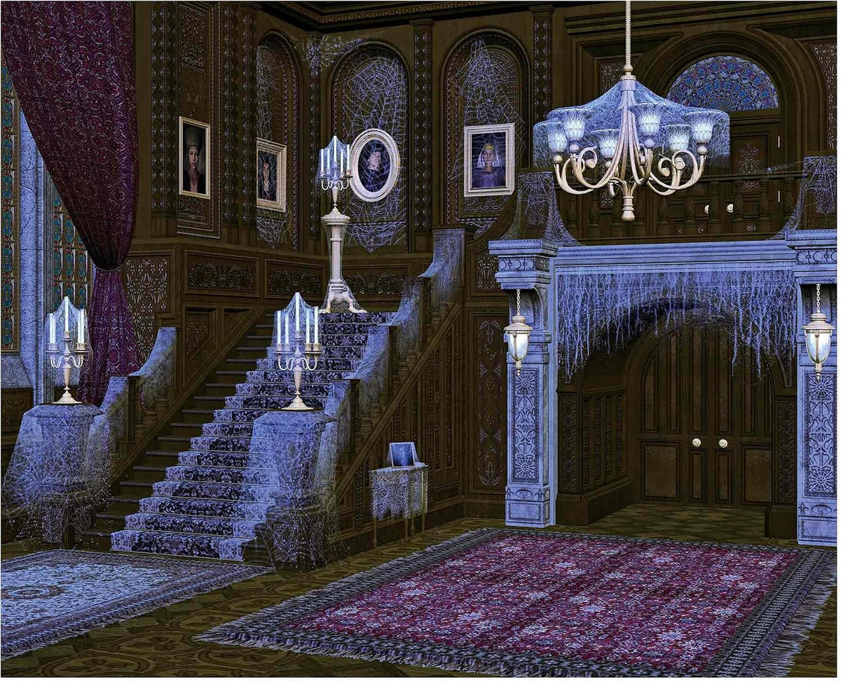 Allenjoy 10x8ft Halloween Haunted House Backdrop Middle Ages Retro Spooky Deserted Spider Web Stairs Background Decor Photography Photoshoot Studio Booth Props