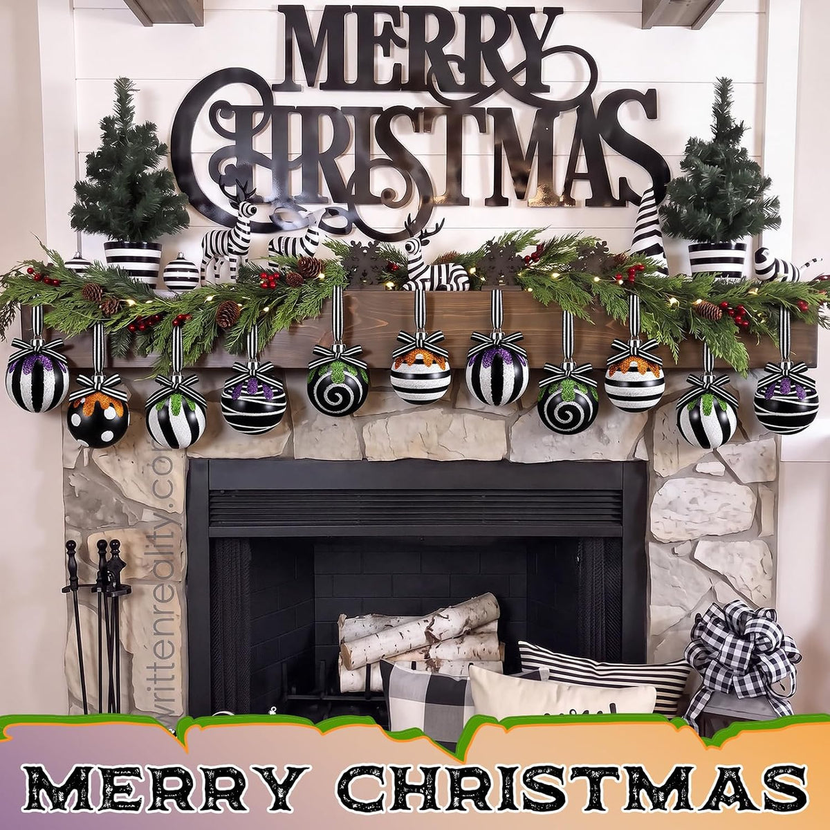 24 Pcs 2.36 Inch Black and White Halloween Christmas Ball Ornament for Tree