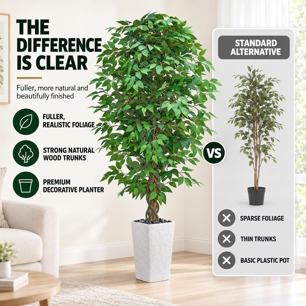 Artificial Ficus Tree 6FT, Large Fake Tree for Home Decor (White Planter)