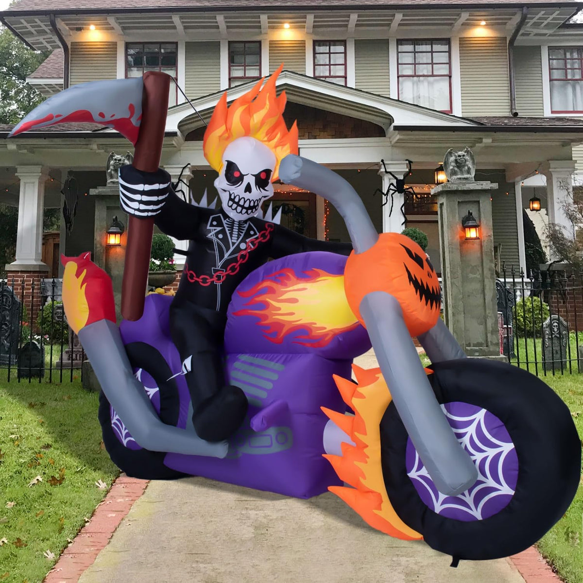 6 ft halloween inflatable grim reaper motorcycle with shown in use
