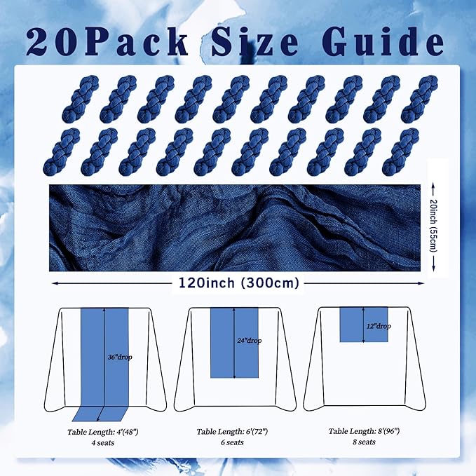 10FT 20 Pack Royal Blue Cheesecloth Table Runner 20 x 120 Inch Long Rustic Gauze Cheese Cloth Table Runner for Wedding Bridal Baby Shower Table Decorations Boho Fabric Sheer Birthday Party Table Decor