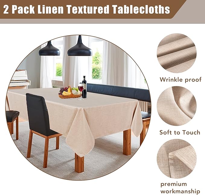 Fitable Faux Linen Beige Table Clothes Rectangle 60 x 102 Inch - 2 Pack Neutral Tablecloths for 6 Foot Tables, Faux Burlap Kitchen Table Covers for Dining, Party, Farmhouse, Banquet, Buffet