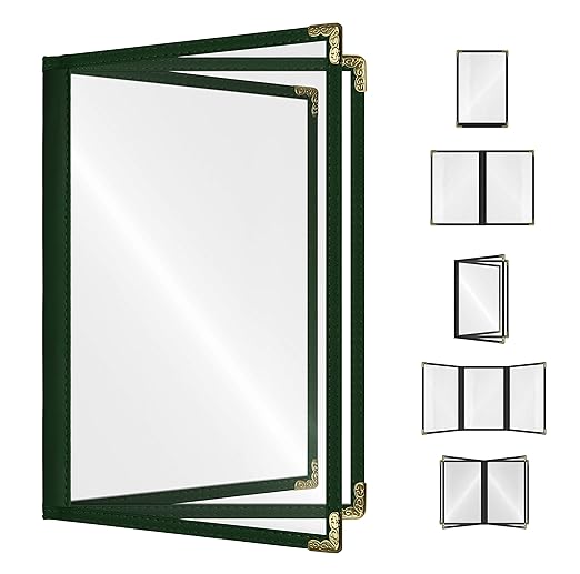 Goodsmart Restaurant Menu Covers – 25 Pack Green 6-View Booklet 5.5" x 8.5", Side-Loading Vinyl & Plastic Menu Holders, Clear Menu Sleeves, Leather-Style Café Covers with Gold Corners