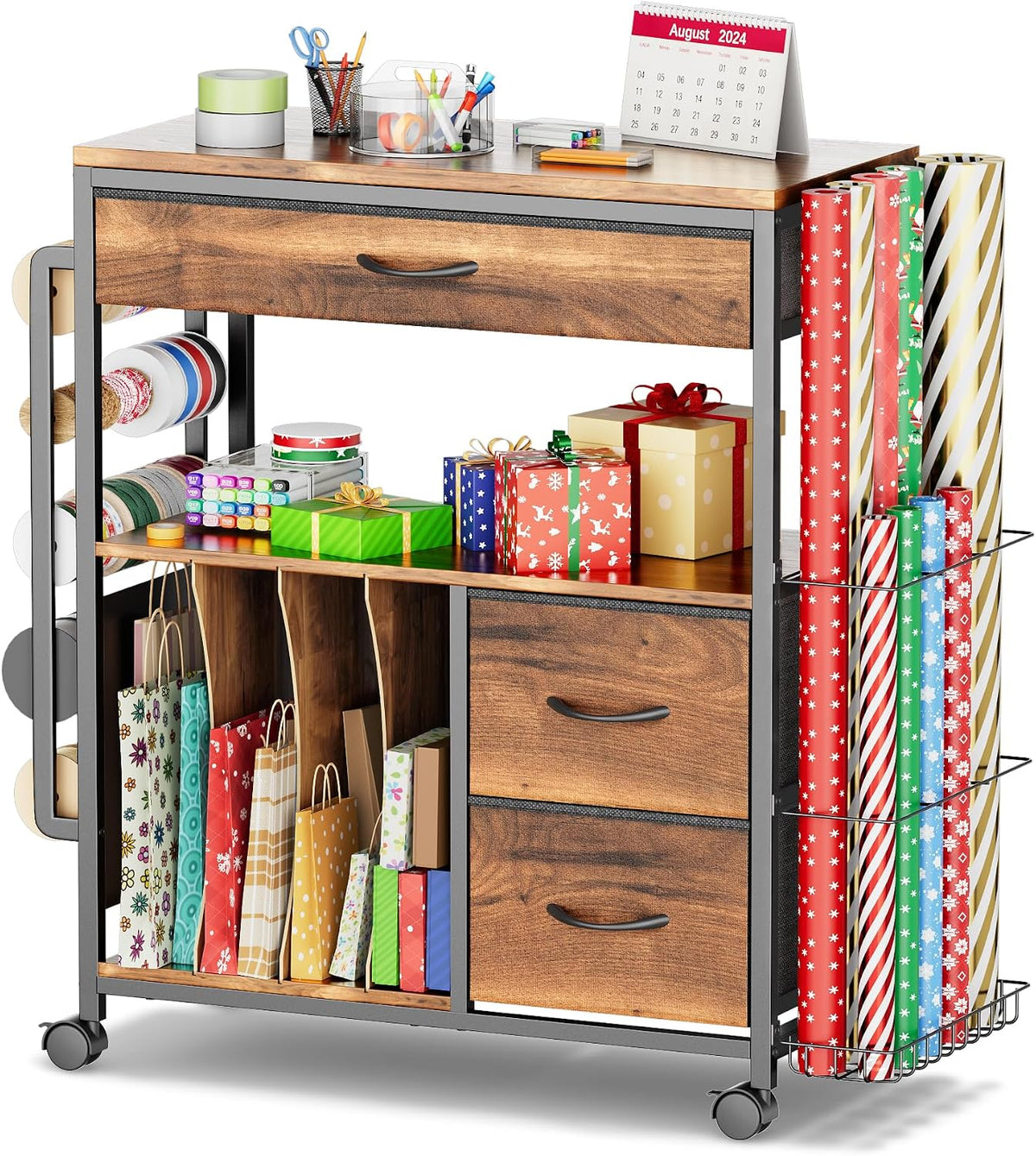 PUNLUXU Wrapping Paper Storage Cart for 12 Rolls with Ribbon Holder 04