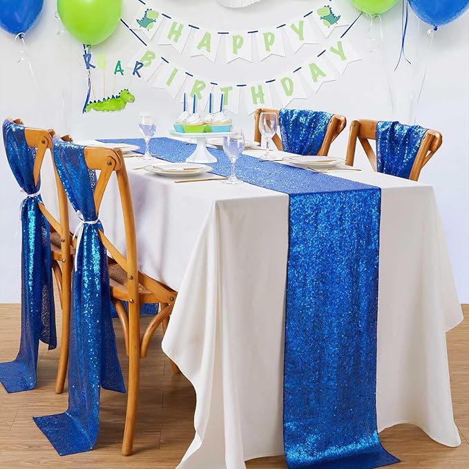 Sequin Table Runners 5 Pieces Royal Blue Table Runners 12x72 Inch Glitter Dining Table Cover for Party Wedding Birthday Reception Banquet Decoration Spring Party Chair Sashes