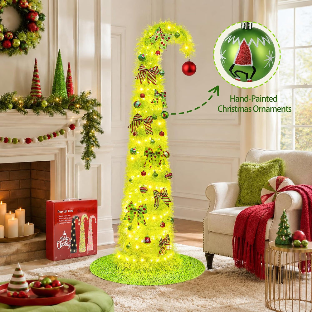 6FT Whimsical Pop-Up Christmas Tree with Lights Tree Skirt for Decorations