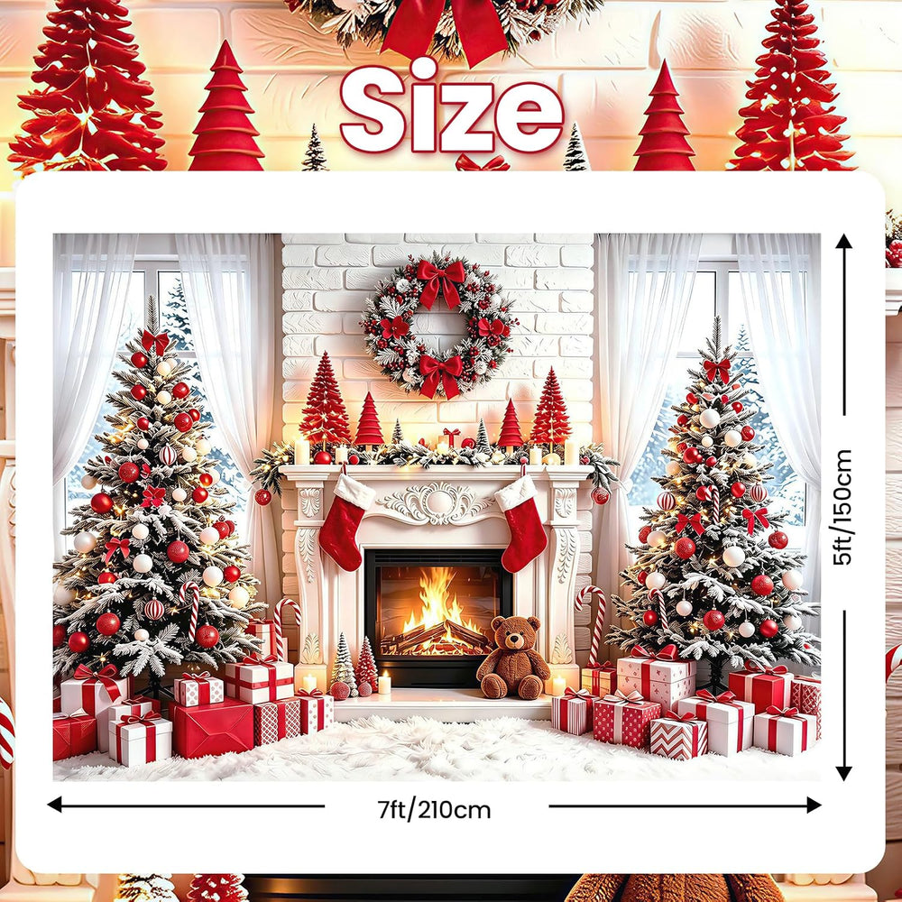 Red Christmas Fireplace Backdrop 8x6Ft