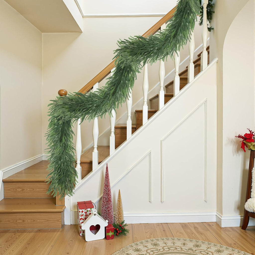 2 Pcs 9FT Artificial Norfolk Pine Garlands, Real Touch Thick Christmas Norfolk Greenery Garland for Mantle Banister Dinner Table Decor