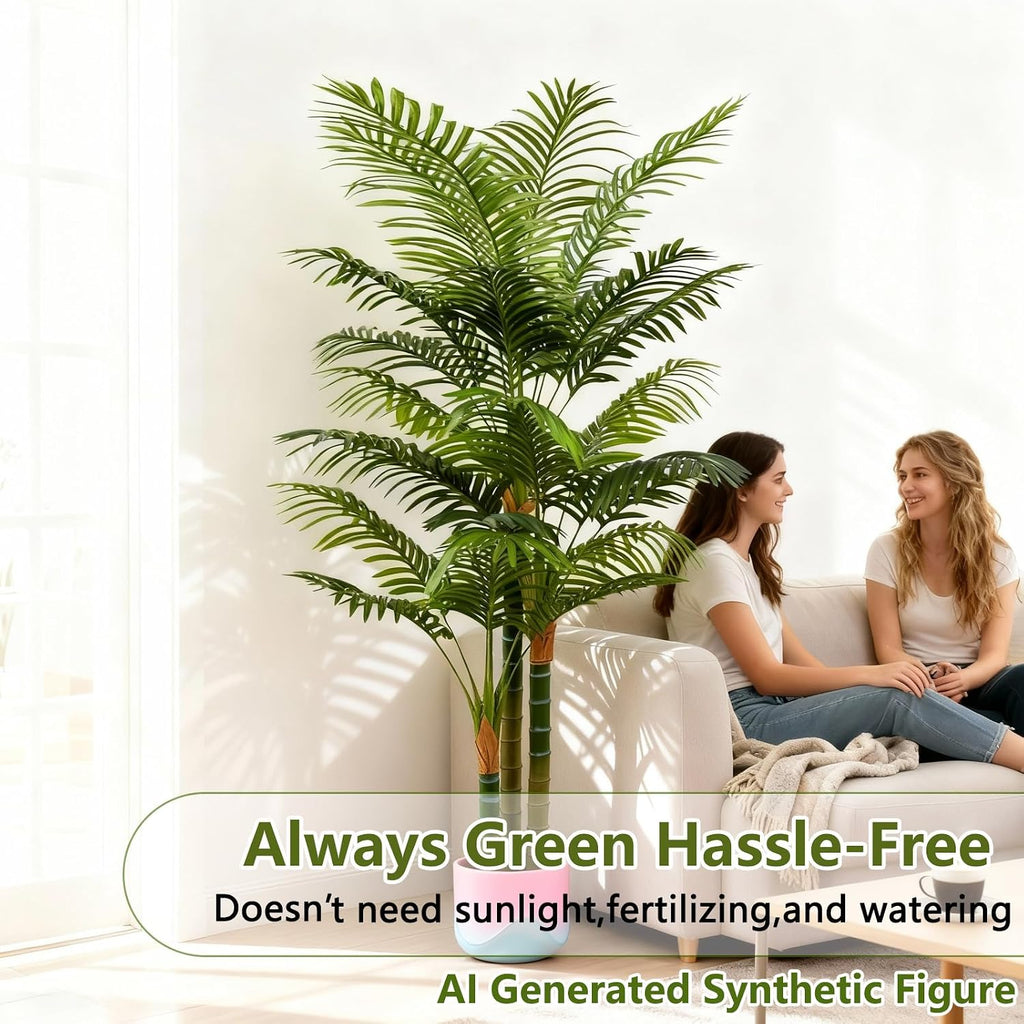 6FT Tall Golden Cane Artificial Palm Tree, Large Faux Palm Tree with 3 Textured Trunks, Outdoor Artificial Plants, Fake Tree for Indoor Office Living Room Outside Patio.
