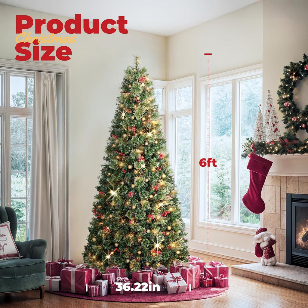 OasisCraft Christmas Tree, 6 FT Prelit Pop Up Christmas Tree with Lights, Artificial Christmas Tree Decorated with Berries and Pine Cones, Tall Foldable Tree with Metal Base, Green for Outdoor Indoor