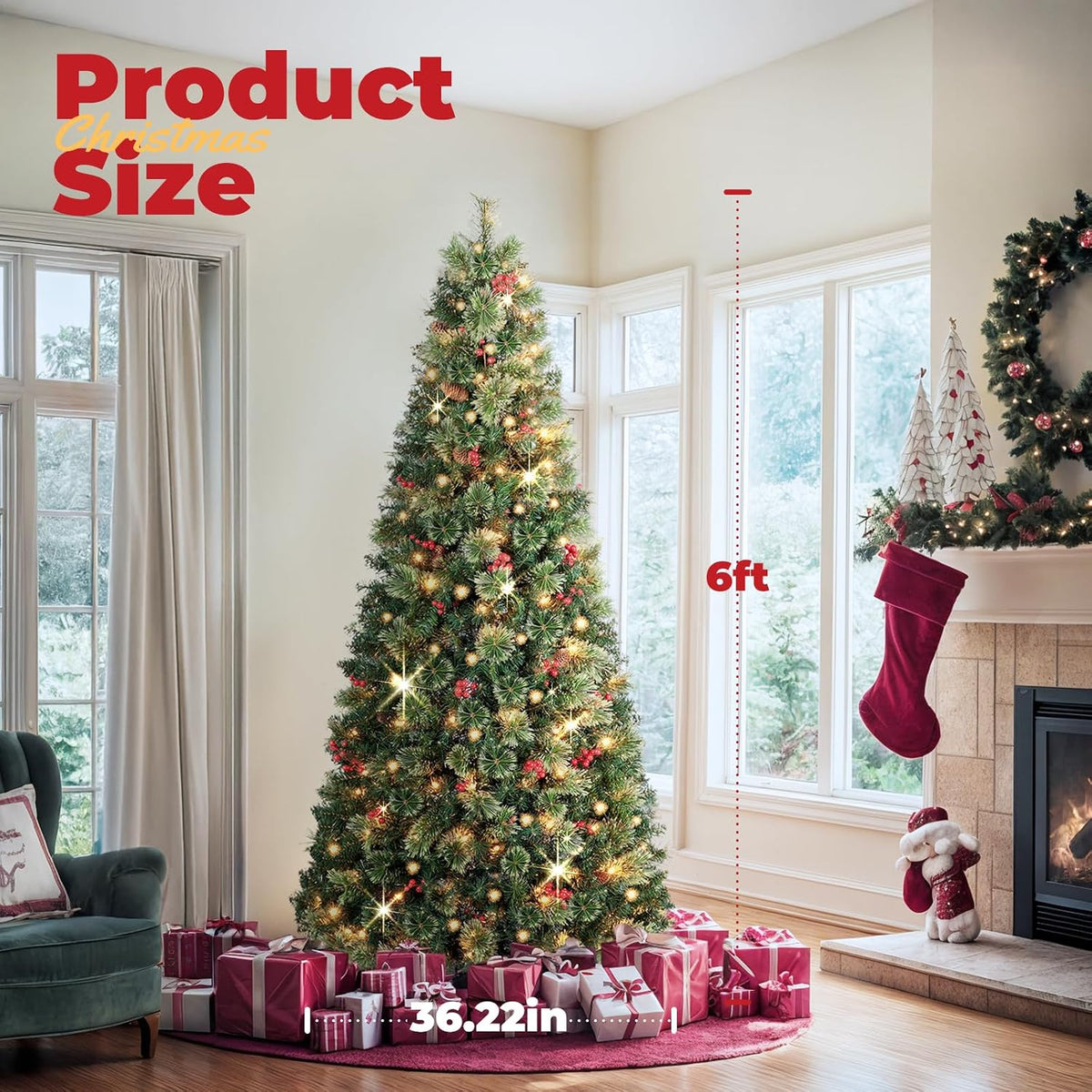 OasisCraft Christmas Tree, 6 FT Prelit Pop Up Christmas Tree with Lights, Artificial Christmas Tree Decorated with Berries and Pine Cones, Tall Foldable Tree with Metal Base, Green for Outdoor Indoor