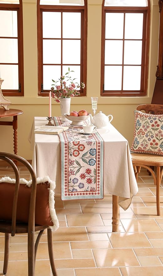 Decorative Linen Table Runner 87 Inches Long,Green Floral Rustic Farmhouse Runner for Table Decor Tabletop Table Runners for Kitchen,Dining,Party,Home,Christmas,12"*87"
