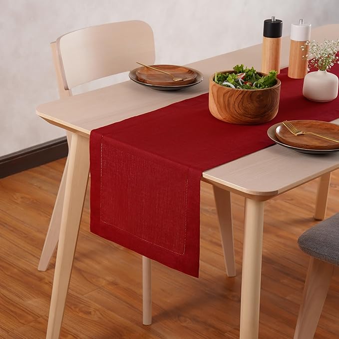 Linen Table Runner 14 x 72 Inch Long - 100% Pure Linen Christmas Red Table Runner - Cloth Fabric Hemstitch Runner for Thanksgiving, Christmas, Winter, New Year - Elara