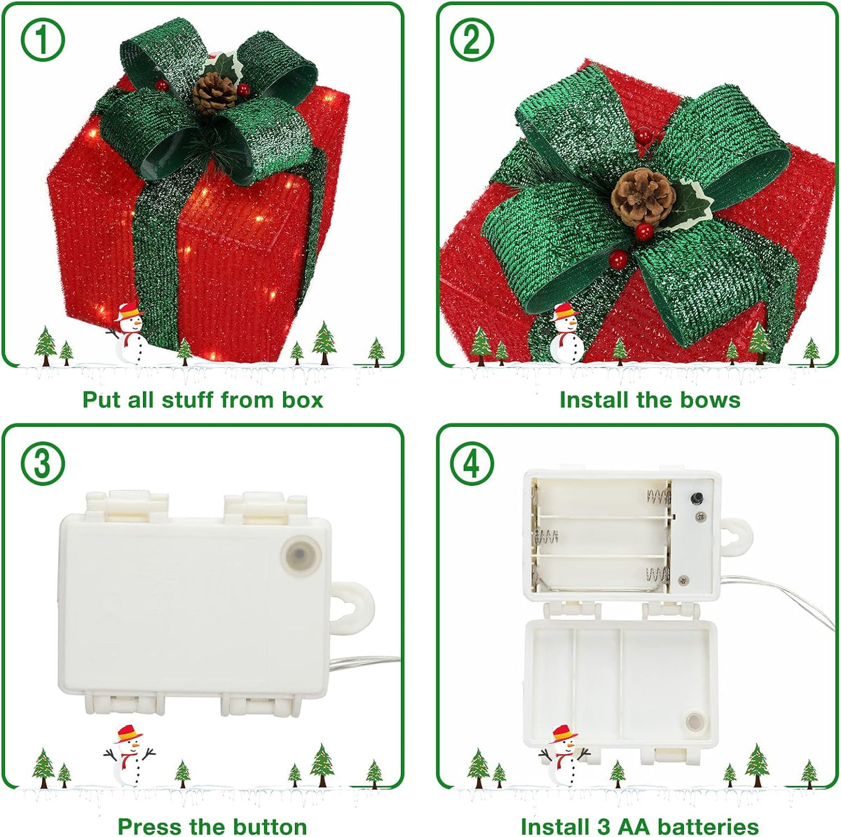 vingli christmas lighted gift boxes set of 3 showing dimensions