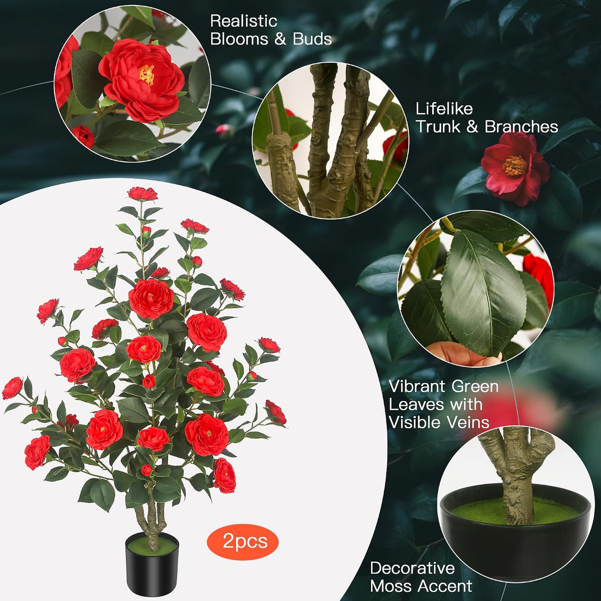 3.5ft artificial camellia trees with 32 flowers in, side view