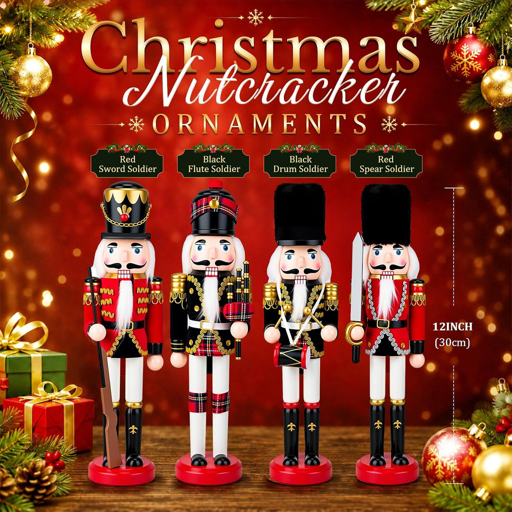 huwena 4 pcs red and black mixed nutcracker, close-up detail