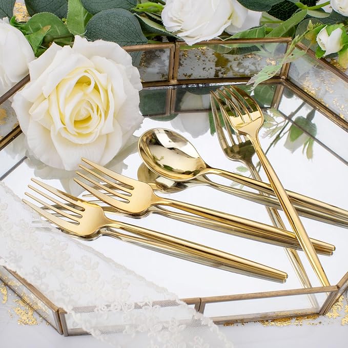 SUT 200PCS Gold Plastic Forks and Spoons Heavy Duty Set, Gold Disposable Silverware, gold Cutlery, Disposable Utensils, Plastic Flatware Includes 100 Forks, 100 Spoons for Party