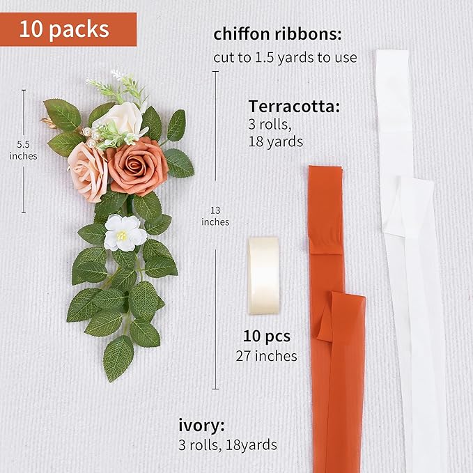 10 Wedding Aisle Decorations for Ceremony - Terracotta Chair Flowers for Church Pew Decor