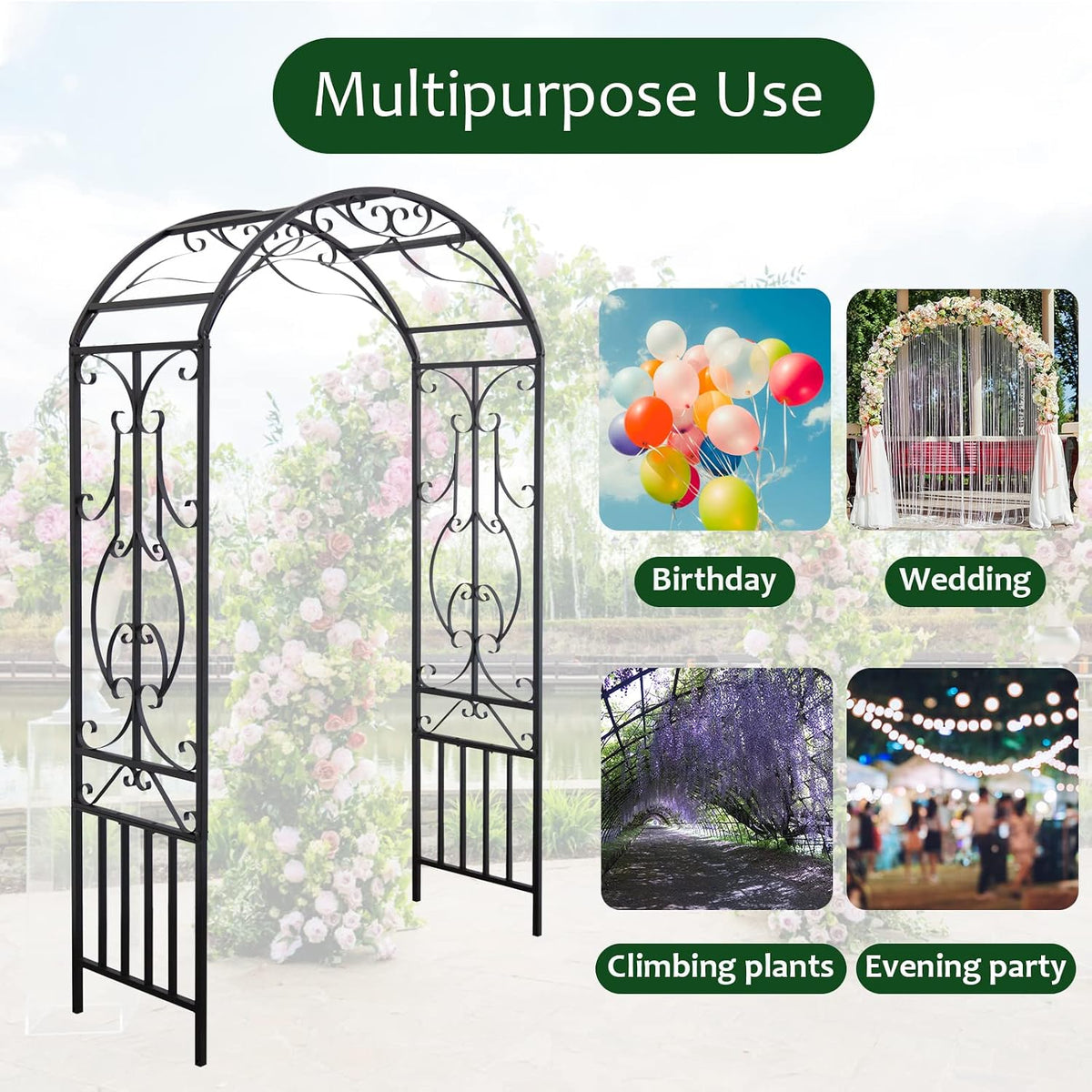 kinbor Garden Arches Arbor, Outdoor Black Metal Arbor, Wedding Archway