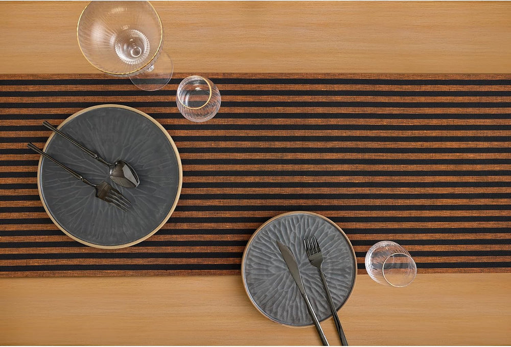 Solino Home 100% Linen Table Runner, 14 x 72 in, Pumpkin and Black Striped