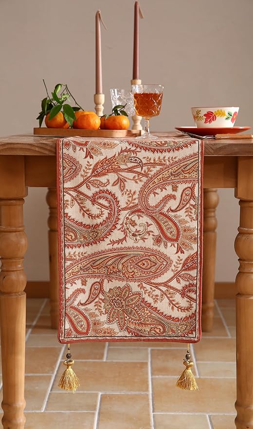 ISAENNE Designer Elegant Red Linen Table Runner 102 Inches Long,Vintage Paisley Pattern Durable Table Runners for Dining Tables,Thanksgiving,Kitchen Tables,Christmas,12"*102"-Chauffrey A